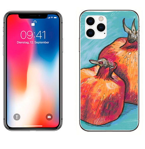 Наклейка на Телефон Apple iPhone 11 PRO Два граната,  купить в Москве – интернет-магазин Allskins, поп-арт, фрукты, гранат, скетч, яркий, контраст, красный, цифровая, графика, иллюстация, квадрат, диджитал, экспрессия, цвет