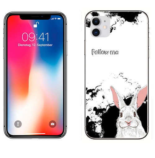 Наклейка на Телефон Apple iPhone 12 Следуй за белым кроликом,  купить в Москве – интернет-магазин Allskins, надписи на английском, заяц, белый, графика, надписи, черный, черно-белое, кролики, животные, зима