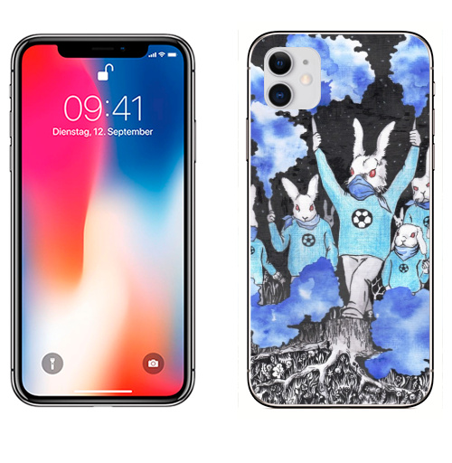 Наклейка на Телефон Apple iPhone 12 Кролики около футбола,  купить в Москве – интернет-магазин Allskins, кролики, заяц, футбол, футбольные_фанаты, болельщики