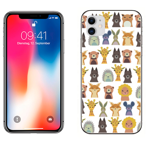 Наклейка на Телефон Apple iPhone 12 Милый зверинец,  купить в Москве – интернет-магазин Allskins, зверинец, мило, ежик, собаки, зайчонок, медведь, заяц, лев, жираф, животные, скопление, много, головы, бюст, милые животные