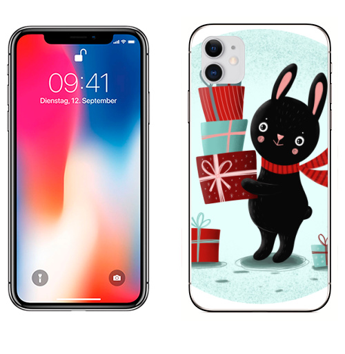Наклейка на Телефон Apple iPhone 12 Черный кролик с подарками,  купить в Москве – интернет-магазин Allskins, кролики, заяц, читатель, новый год, символ, черный, красный, бирюзовый, символ_года, подарки