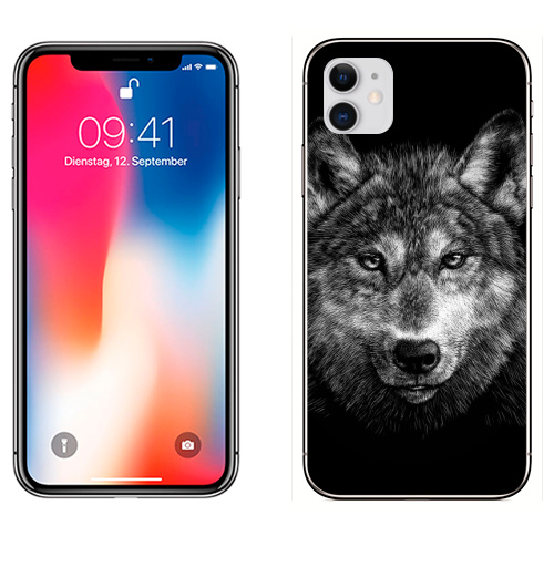 Наклейка на Телефон Apple iPhone 12 Волчище,  купить в Москве – интернет-магазин Allskins, морда, животные, волк, полностьючерный, 300 Лучших работ