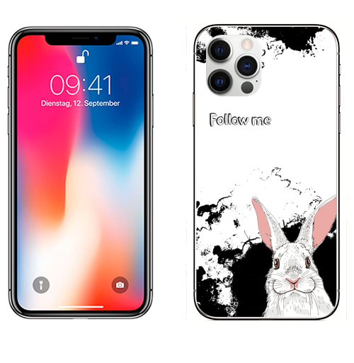 Наклейка на Телефон Apple iPhone 12 PRO Следуй за белым кроликом,  купить в Москве – интернет-магазин Allskins, надписи на английском, заяц, белый, графика, надписи, черный, черно-белое, кролики, животные, зима
