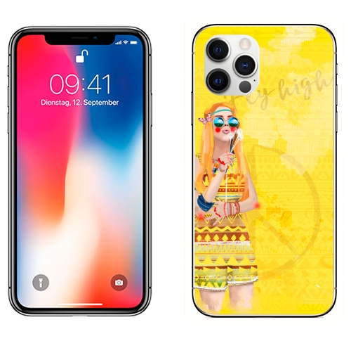 Наклейка на Телефон Apple iPhone 12 PRO Девушка Хиппи,  купить в Москве – интернет-магазин Allskins, девушка, лето, желтый, оранжевый, хиппи, очки, рыжая, любовь, солнце