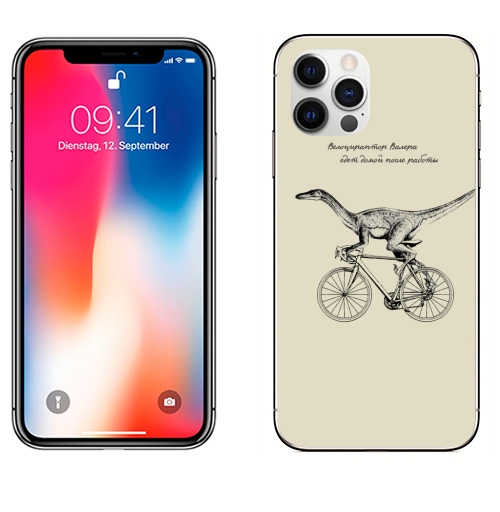 Наклейка на Телефон Apple iPhone 12 PRO Велоцираптор Валера,  купить в Москве – интернет-магазин Allskins, велоцираптор, валера, велосипед, графика, надписи, сарказм, одноцветный, остроумно