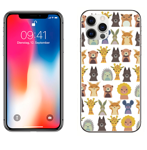 Наклейка на Телефон Apple iPhone 12 PRO Милый зверинец,  купить в Москве – интернет-магазин Allskins, зверинец, мило, ежик, собаки, зайчонок, медведь, заяц, лев, жираф, животные, скопление, много, головы, бюст, милые животные