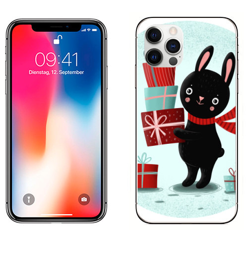 Наклейка на Телефон Apple iPhone 12 PRO Черный кролик с подарками,  купить в Москве – интернет-магазин Allskins, кролики, заяц, читатель, новый год, символ, черный, красный, бирюзовый, символ_года, подарки