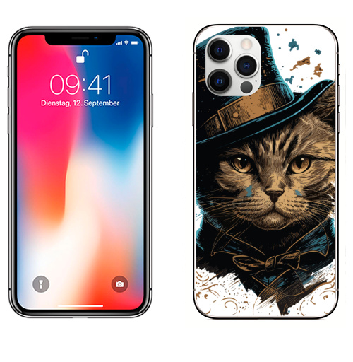 Наклейка на Телефон Apple iPhone 12 PRO Кот в цилиндре,  купить в Москве – интернет-магазин Allskins, поп-арт, котята, котопринт, популярный, шляпа, искусство