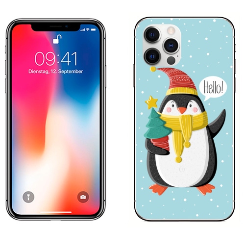 Наклейка на Телефон Apple iPhone 12 PRO Пингвин с ёлкой,  купить в Москве – интернет-магазин Allskins, шапка, снег, новый год, пингвин, детские