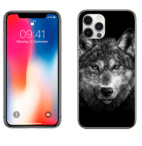 Наклейка на Телефон Apple iPhone 12 PRO Волчище,  купить в Москве – интернет-магазин Allskins, морда, животные, волк, полностьючерный, 300 Лучших работ