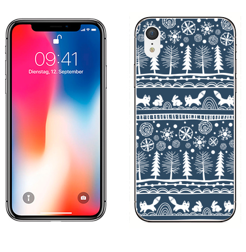 Наклейка на Телефон Apple iPhone XR Зимний лес,  купить в Москве – интернет-магазин Allskins, зима, лиса, лес, деревья, заяц, забавный, паттерн, снег
