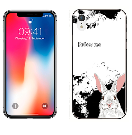 Наклейка на Телефон Apple iPhone XR Следуй за белым кроликом,  купить в Москве – интернет-магазин Allskins, надписи на английском, заяц, белый, графика, надписи, черный, черно-белое, кролики, животные, зима