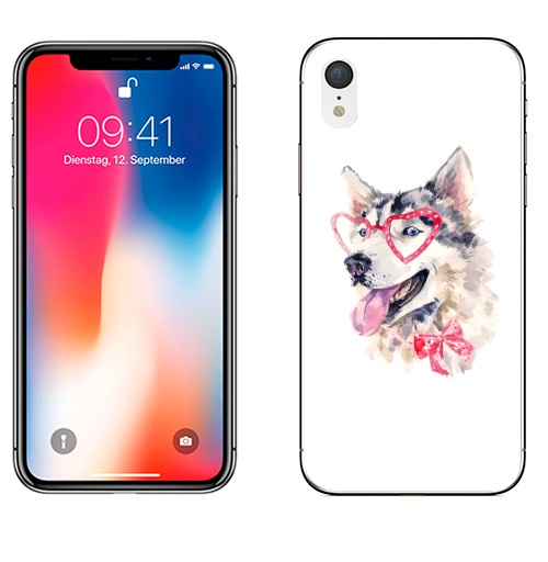 Наклейка на Телефон Apple iPhone XR Модная собака,  купить в Москве – интернет-магазин Allskins, крутые животные, милые животные, мило, хаски, розовый, очки, акварель, собаки, детские