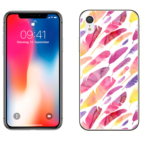 Наклейка на Телефон Apple iPhone XR Акварельные перышки на белом фоне,  купить в Москве – интернет-магазин Allskins, перья, фиолетовый, сиреневый, лимонный, розовый, градиент, текстура, акварель