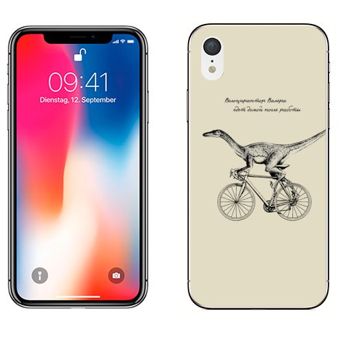 Наклейка на Телефон Apple iPhone XR Велоцираптор Валера,  купить в Москве – интернет-магазин Allskins, велоцираптор, валера, велосипед, графика, надписи, сарказм, одноцветный, остроумно