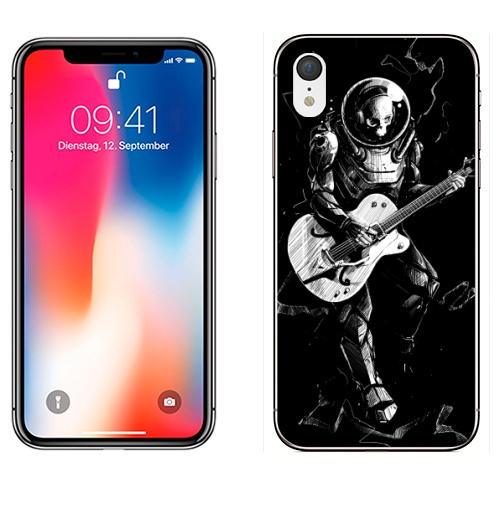 Наклейка на Телефон Apple iPhone XR Космический бард,  купить в Москве – интернет-магазин Allskins, скелет, космос, гитара, темнота, шлем