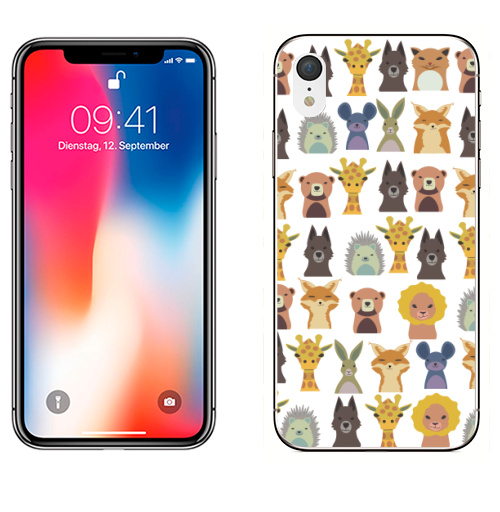 Наклейка на Телефон Apple iPhone XR Милый зверинец,  купить в Москве – интернет-магазин Allskins, зверинец, мило, ежик, собаки, зайчонок, медведь, заяц, лев, жираф, животные, скопление, много, головы, бюст, милые животные