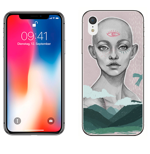 Наклейка на Телефон Apple iPhone XR Дух жизни,  купить в Москве – интернет-магазин Allskins, изумрудный, зеленый, розовый, небо, карандаш, графика, лицо, природа, черно-белое, птицы, пастельный, горы, глаз, сюрреализм, девушка