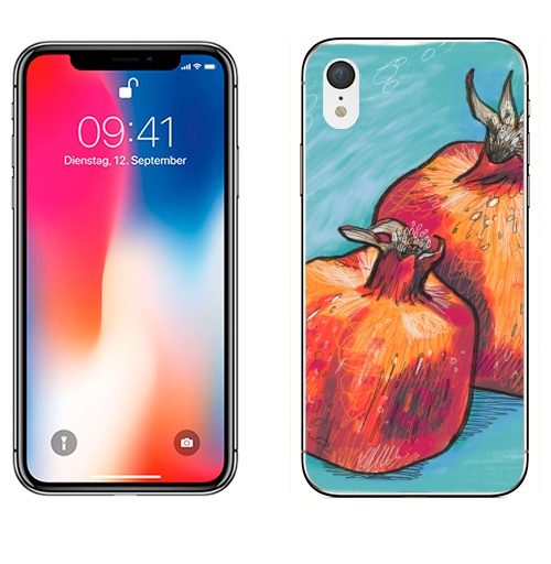 Наклейка на Телефон Apple iPhone XR Два граната,  купить в Москве – интернет-магазин Allskins, поп-арт, фрукты, гранат, скетч, яркий, контраст, красный, цифровая, графика, иллюстация, квадрат, диджитал, экспрессия, цвет