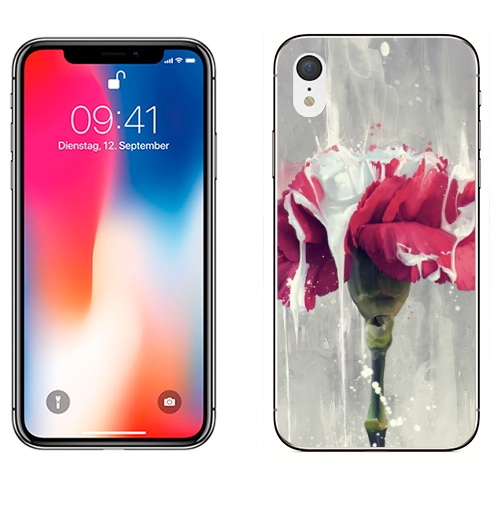 Наклейка на Телефон Apple iPhone XR Цветок в краске,  купить в Москве – интернет-магазин Allskins, Цветочек, красный, графика, рисунки, природа, краски, брызги, пятна, акварель, стебель, бутон, дизайнерская, мягкая, концепт, стильное, белый, лепестки, декоративный, мазки