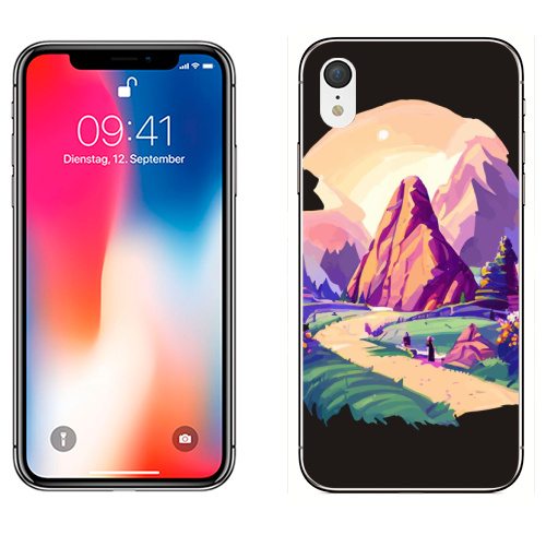 Наклейка на Телефон Apple iPhone XR Летний горный пейзаж,  купить в Москве – интернет-магазин Allskins, поп-арт, читатель, лето, путешествия, яркий, модный, стильно, молодежный, бежевый, зеленый, фиолетовый, природный, горы, хиппи