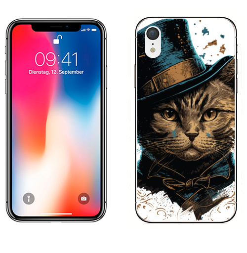 Наклейка на Телефон Apple iPhone XR Кот в цилиндре,  купить в Москве – интернет-магазин Allskins, поп-арт, котята, котопринт, популярный, шляпа, искусство
