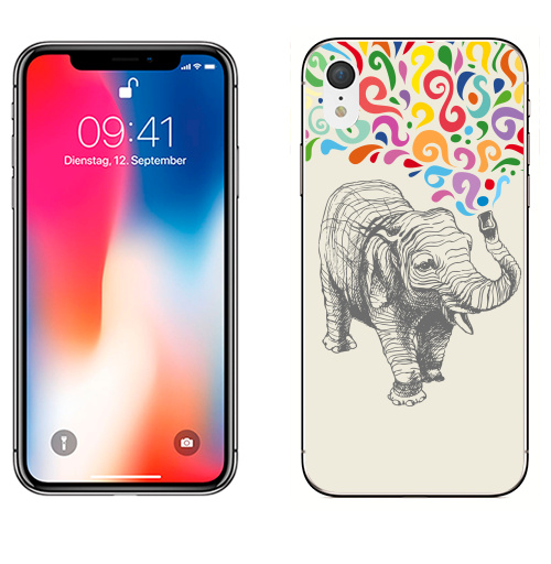 Наклейка на Телефон Apple iPhone XR Слон,  купить в Москве – интернет-магазин Allskins, 300 Лучших работ, животные, графика, брызги, слоны, разноцветное, фонтан