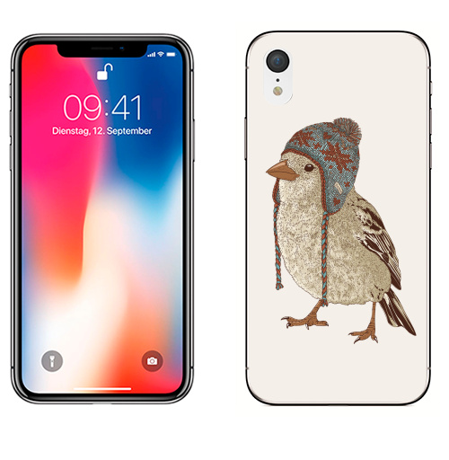 Наклейка на Телефон Apple iPhone XR Птица в шапке,  купить в Москве – интернет-магазин Allskins, 300 Лучших работ, пипстер, шапка, птицы, зима, новый год, коричневый, крутые животные