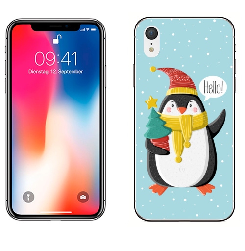 Наклейка на Телефон Apple iPhone XR Пингвин с ёлкой,  купить в Москве – интернет-магазин Allskins, шапка, снег, новый год, пингвин, детские