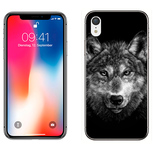 Наклейка на Телефон Apple iPhone XR Волчище,  купить в Москве – интернет-магазин Allskins, морда, животные, волк, полностьючерный, 300 Лучших работ