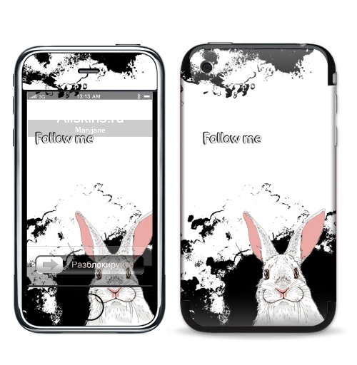 Наклейка на Телефон Apple iPhone 3G, 3Gs Следуй за белым кроликом,  купить в Москве – интернет-магазин Allskins, надписи на английском, заяц, белый, графика, надписи, черный, черно-белое, кролики, животные, зима