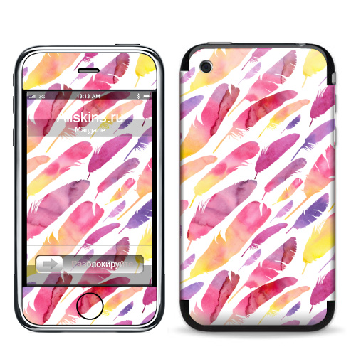 Наклейка на Телефон Apple iPhone 3G, 3Gs Акварельные перышки на белом фоне,  купить в Москве – интернет-магазин Allskins, перья, фиолетовый, сиреневый, лимонный, розовый, градиент, текстура, акварель