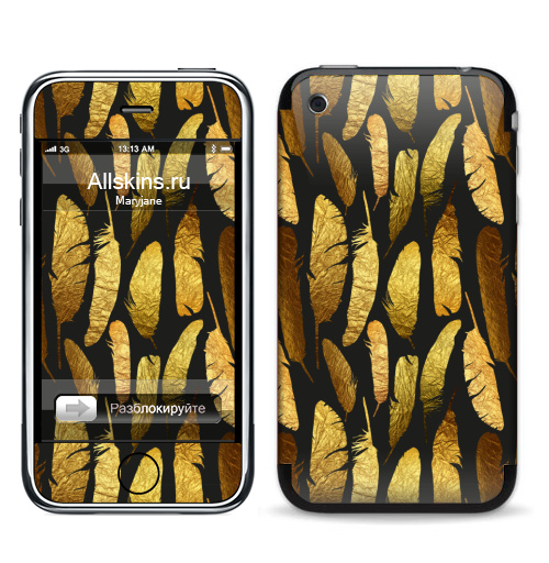 Наклейка на Телефон Apple iPhone 3G, 3Gs - Золотые перья -,  купить в Москве – интернет-магазин Allskins, фольга, текстура, золото, черный, перья, контур