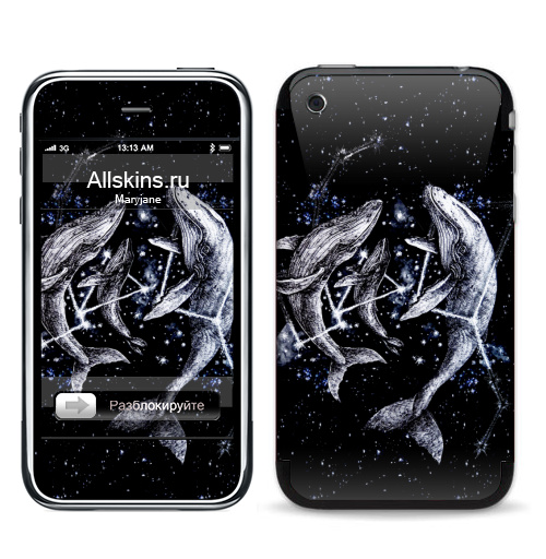 Наклейка на Телефон Apple iPhone 3G, 3Gs Межгалактические киты,  купить в Москве – интернет-магазин Allskins, полностьючерный, небо, животные, ночь, звезда, космос, киты