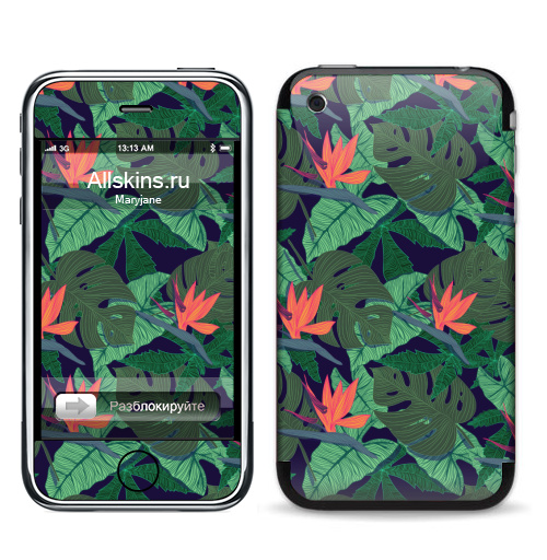 Наклейка на Телефон Apple iPhone 3G, 3Gs Тропический паттерн,  купить в Москве – интернет-магазин Allskins, сочный, монстера, птицы, рай, цветы, текстура, паттерн, джунгли, тропики