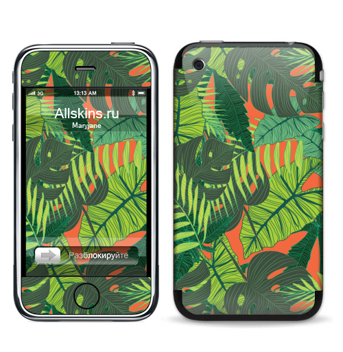 Наклейка на Телефон Apple iPhone 3G, 3Gs Тропический принт,  купить в Москве – интернет-магазин Allskins, дистья, монстера, монстры, птицы, цветы, текстура, паттерн, джунгли, тропики