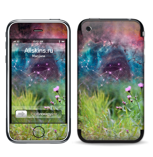 Наклейка на Телефон Apple iPhone 3G, 3Gs Сон про кита и васильки,  купить в Москве – интернет-магазин Allskins, сон, васильки, фантазия, мечта, природа, галактика, цветы, киты, космос