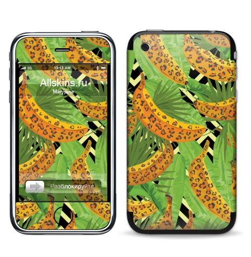 Наклейка на Телефон Apple iPhone 3G, 3Gs Паттерн с банами,  купить в Москве – интернет-магазин Allskins, зеленый, текстура, хищник, джунгли, листья, тропики, паттерн, леопард, банан