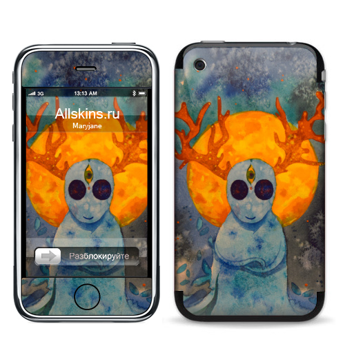 Наклейка на Телефон Apple iPhone 3G, 3Gs Дух,  купить в Москве – интернет-магазин Allskins, дух, привидение, олень, призрак, луна, желтое, голубой, космос, звезда