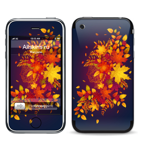 Наклейка на Телефон Apple iPhone 3G, 3Gs Дух осени,  купить в Москве – интернет-магазин Allskins, осень, листья, рыжий, девушка, рябина, деревья, природа, винтаж, лес