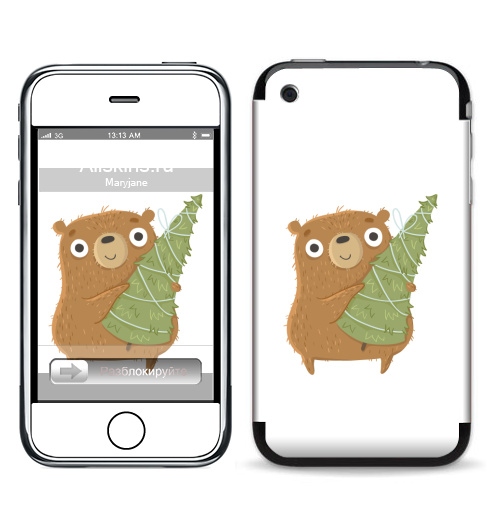 Наклейка на Телефон Apple iPhone 3G, 3Gs Новогодний Мишка,  купить в Москве – интернет-магазин Allskins, медведь, новый год, персонажи, детские
