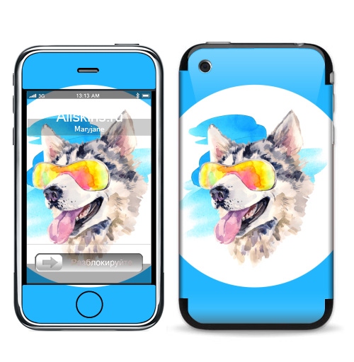 Наклейка на Телефон Apple iPhone 3G, 3Gs Хаски сноубордист,  купить в Москве – интернет-магазин Allskins, крутые животные, мило, животные, персонажи, собаки, хаски, акварель, детские, соба, милые животные