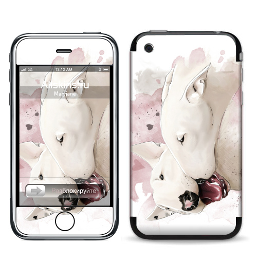 Наклейка на Телефон Apple iPhone 3G, 3Gs Влюбленные бультерьеры,  купить в Москве – интернет-магазин Allskins, крутые животные, собаки, бультерьер, любовь, сердце, акварель, нежно, поцелуй, животные, милые животные