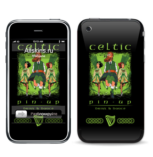 Наклейка на Телефон Apple iPhone 3G, 3Gs Кельтский пинап,  купить в Москве – интернет-магазин Allskins, сарказм, персонажи, девушка, алкоголь, пикник, танцы, Ирландия, кельт