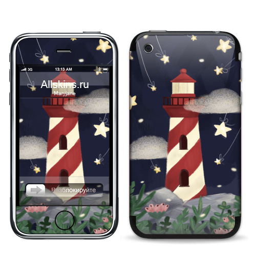 Наклейка на Телефон Apple iPhone 3G, 3Gs Маяк Эстреллас Вермеллас,  купить в Москве – интернет-магазин Allskins, маяк, звезда, облако, космос, ночь, ночная, ночной, цветы