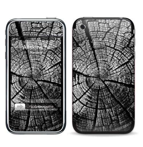 Наклейка на Телефон Apple iPhone 3G, 3Gs Кольца жизни,  купить в Москве – интернет-магазин Allskins, лес, деревья, лесной, черно-белое, графика, серый, черный