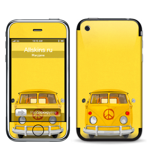Наклейка на Телефон Apple iPhone 3G, 3Gs Хиппи Автобус,  купить в Москве – интернет-магазин Allskins, автобус, хиппи, желтый, иллюстация, диджитал, гранж, бохо
