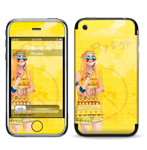 Наклейка на Телефон Apple iPhone 3G, 3Gs Девушка Хиппи,  купить в Москве – интернет-магазин Allskins, девушка, лето, желтый, оранжевый, хиппи, очки, рыжая, любовь, солнце