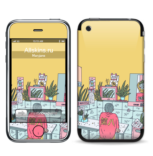 Наклейка на Телефон Apple iPhone 3G, 3Gs Азиатская закусочная,  купить в Москве – интернет-магазин Allskins, азия, Китай, розовый, лес, мальчик, желтый, телевизор, неон, закусочная