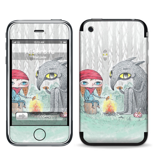 Наклейка на Телефон Apple iPhone 3G, 3Gs Красная шапочка и волк,  купить в Москве – интернет-магазин Allskins, красная, шапочка, сказки, волк, серый, лес, огонь, природа, пирог
